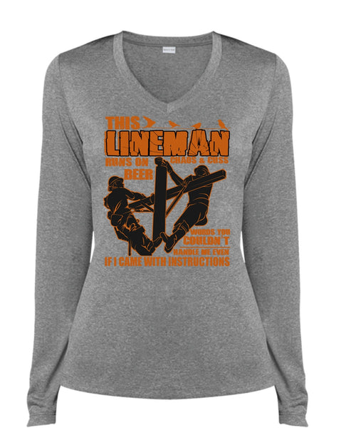 This Lineman Runs On Beer T Shirt, I Love Lineman T Shirt, Cool Shirt (Ladies LS Heather V-Neck)