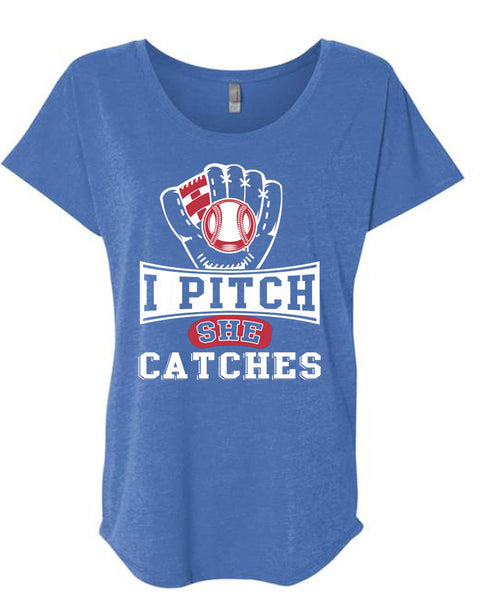 I Pitch She Catch T Shirt, I Love Baseball T Shirt, Cool Shirt (Ladies' Triblend Dolman Sleeve)