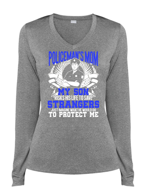 Policeman's Mom T Shirt, My Son Risks His Life T Shirt, Cool Shirt (Ladies LS Heather V-Neck)
