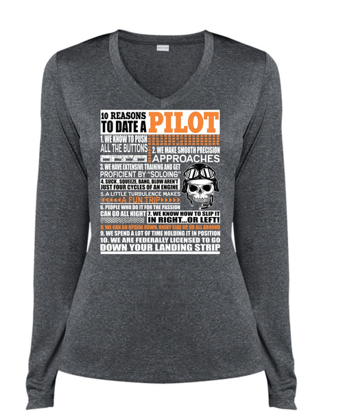 10 Reasons To Date A Pilot T Shirt, Down Your Landing Strip T Shirt, Cool Shirt (Ladies LS Heather V-Neck)