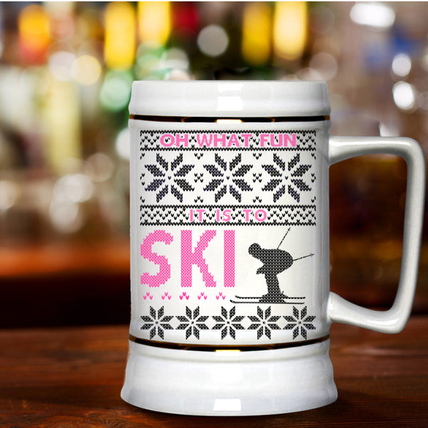 Funny Christmas Beer Stein 22oz, Oh What Fun It Is To Ski Beer Mug