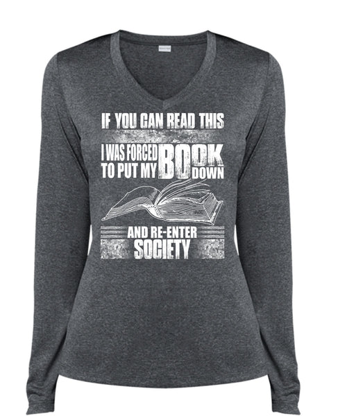 Yo Can Read This T Shirt, I Love Book T Shirt, Cool Shirt (Ladies LS Heather V-Neck)