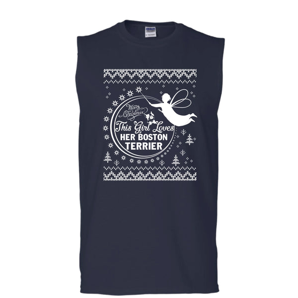 Merry Christmas T Shirt, This Girl Loves Her Boston Terrier T Shirt, Cool T Shirt (Men's Cotton Sleeveless)