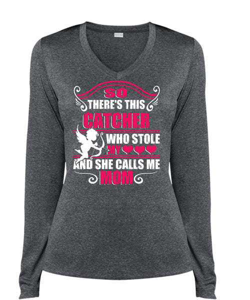 So There's This Catcher Who Stole My Heart T Shirt, She Calls Me Mom T Shirt, Cool Shirt (Ladies LS Heather V-Neck)