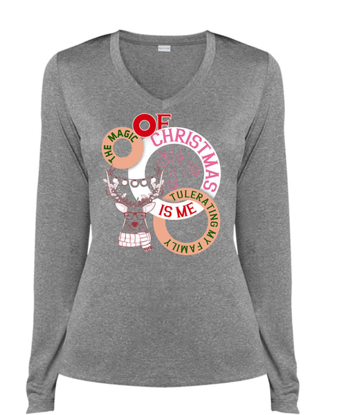 The Magic Of Christmas Is Me Tolerating My Family T Shirt, I Love Christmas T Shirt, Cool Shirt (Ladies LS Heather V-Neck)