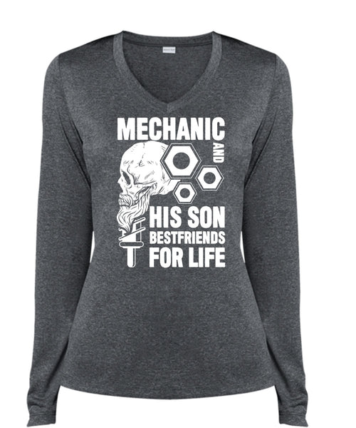 Mechanic And His Son Best Friend T Shirt, Being A Mechanic T Shirt, Cool Shirt (Ladies LS Heather V-Neck)