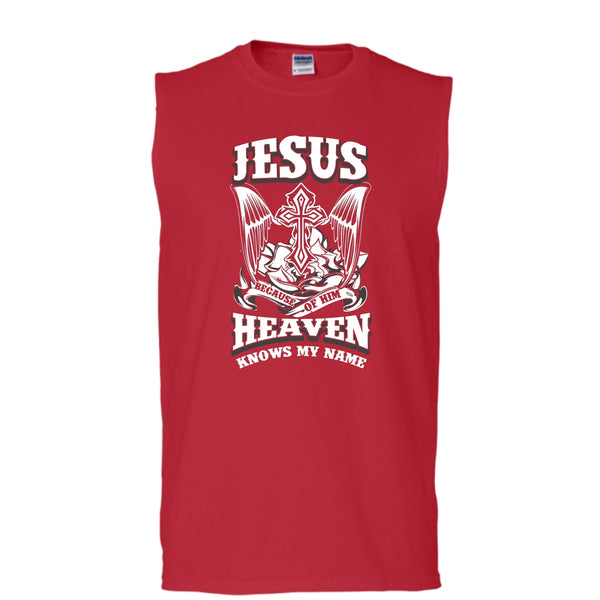 Jesus Because Of Him T Shirt, Heaven Knows My Name Tank Top (Men's Cotton Sleeveless)