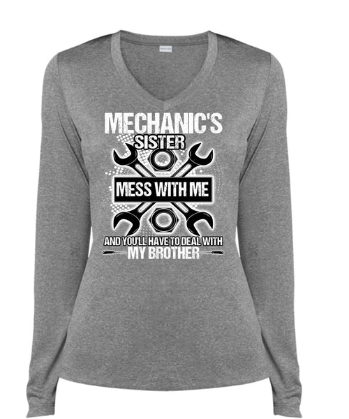 Mechanic's Sister T Shirt, My Brother T Shirt, Cool Shirt (Ladies LS Heather V-Neck)