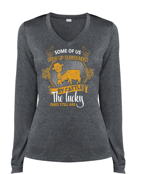 Some Of Us Grew Up Surrounded T Shirt, Cattle The Lucky Ones Still Are T Shirt, Cool Shirt (Ladies LS Heather V-Neck)