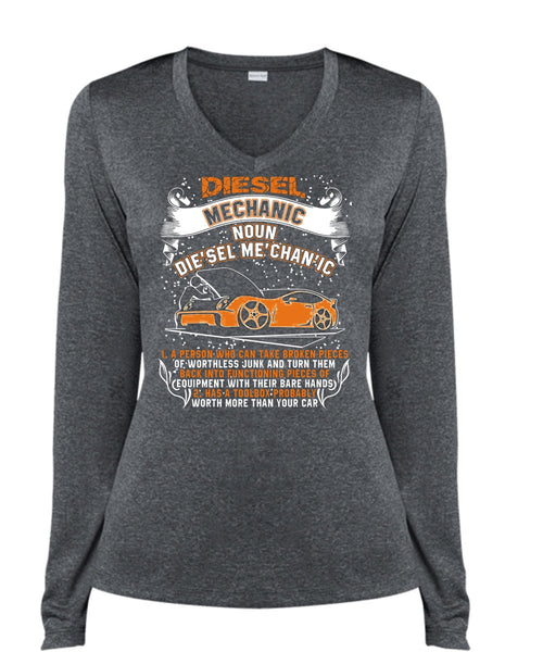 Diesel Mechanic T Shirt, Worth More Than Your Car T Shirt, Cool Shirt (Ladies LS Heather V-Neck)