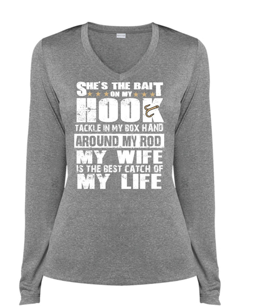 She's The Bait On My Hook T Shirt, My Wife Is The Best Catch T Shirt, Cool Shirt (Ladies LS Heather V-Neck)