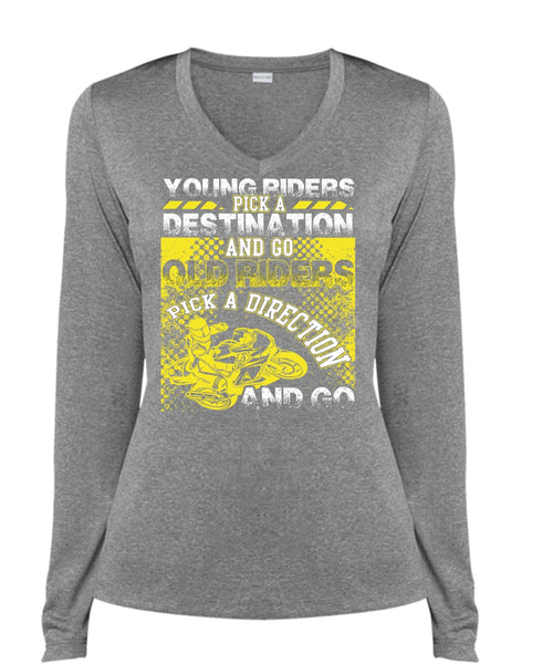 Go Old Riders Pick A Direction T Shirt, Being A Biker T Shirt, Cool Shirt (Ladies LS Heather V-Neck)