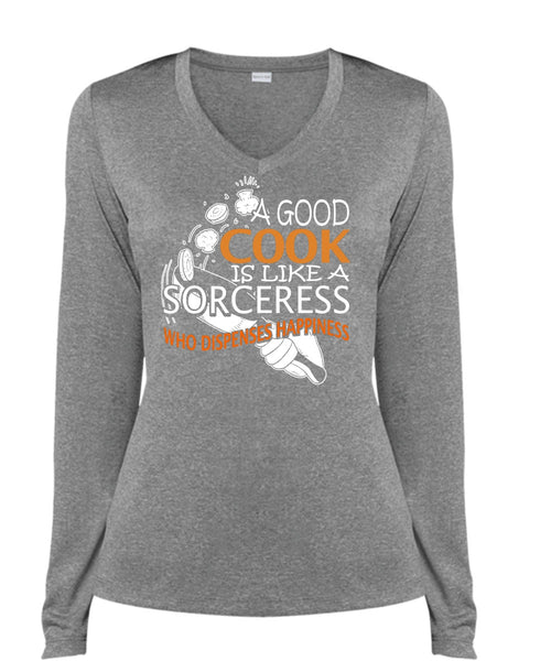 A Good Cook Is Like A Sorceress T Shirt, Being A Cooker T Shirt, Cool Shirt (Ladies LS Heather V-Neck)