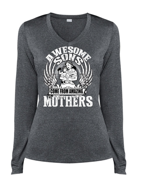 Awesome Sons Come From Amazing Mother T Shirt, Being A Mom T Shirt, Cool Shirt (Ladies LS Heather V-Neck)