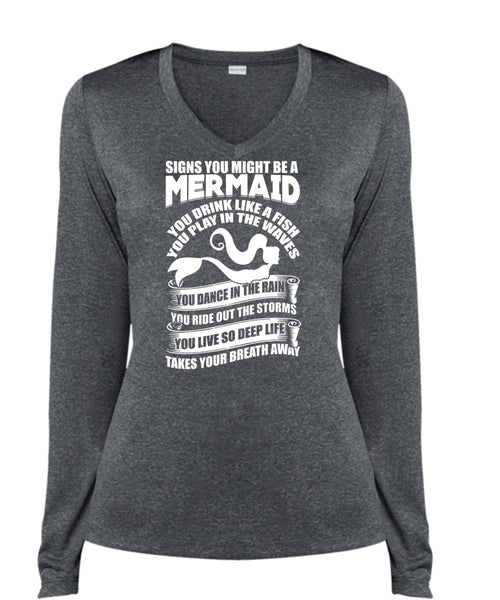 Signs You Might Be A Mermaid T Shirt, Being A Fisher T Shirt, Cool Shirt (Ladies LS Heather V-Neck)