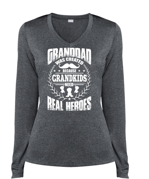 Granddad Was Created T Shirt, Grandkids Need T Shirt, Cool Shirt (Ladies LS Heather V-Neck)