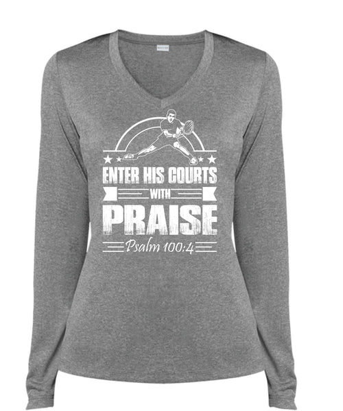Enter His Courts With Praise T Shirt, Being A Tennis Coach T Shirt, Cool Shirt (Ladies LS Heather V-Neck)