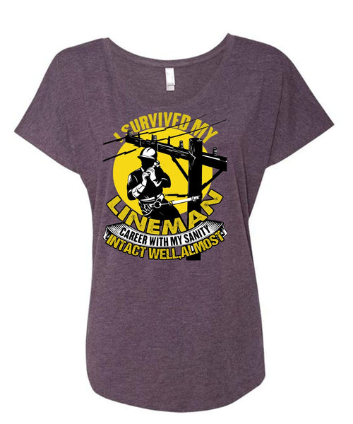 I Survived My Lineman T Shirt, I Love Lineman T Shirt, Cool Shirt (Ladies' Triblend Dolman Sleeve)