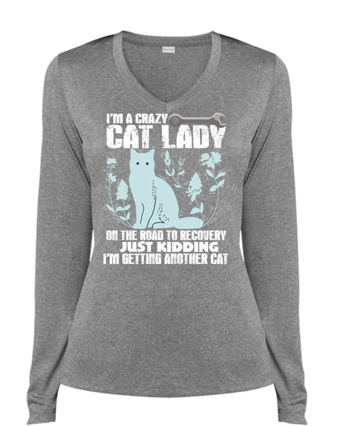 I'm A Crazy Cat Lady On The Road T Shirt, I'm Getting Another Cat T Shirt, Cool Shirt (Ladies LS Heather V-Neck)