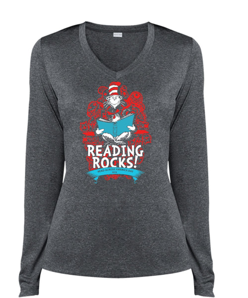 Dr. Seuss T Shirt, Reading Rocks T Shirt, The Cat in the Hat T Shirt, I Love Reading T Shirt, Cool Shirt (Ladies LS Heather V-Neck)