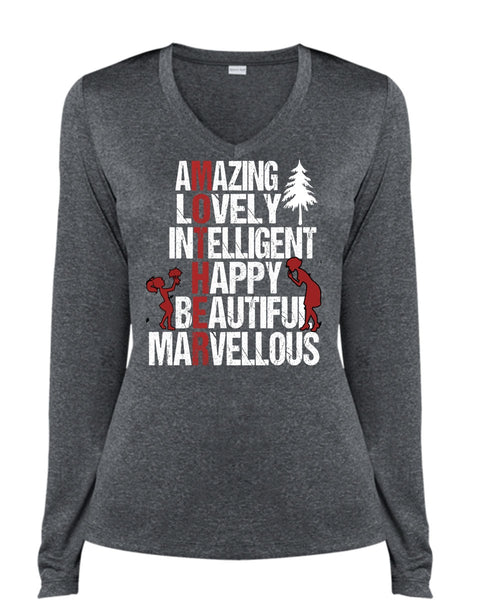 Amazing Lovely Intelligent Happy T Shirt, Being A Mom T Shirt, Cool Shirt (Ladies LS Heather V-Neck)