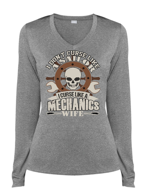 I Curse Like A Mechanic's Wife T Shirt, Like A Sailor T Shirt, Cool Shirt (Ladies LS Heather V-Neck)