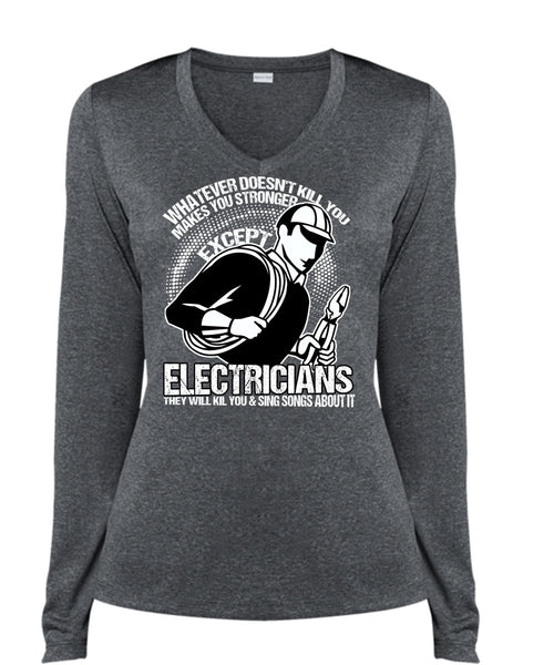 Stronger Except Electricians T Shirt, Being An Electrician T Shirt, Cool Shirt (Ladies LS Heather V-Neck)