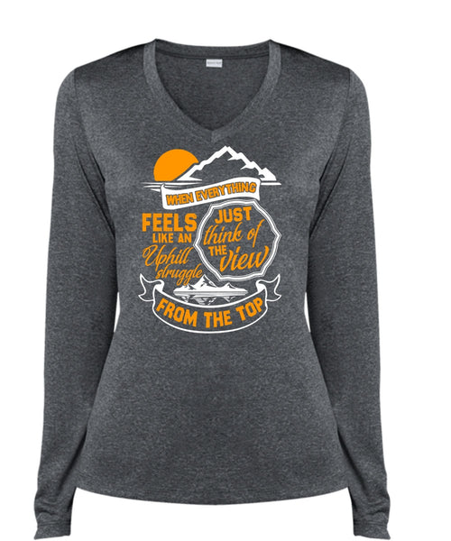 Just Think Of The View T Shirt, Being A Hiker T Shirt, Cool Shirt (Ladies LS Heather V-Neck)