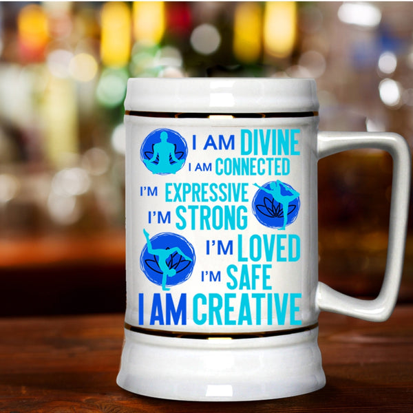 Cool Gift For Yoga Lover Beer Stein 22oz, I Am Divine I Am Connected Beer Mug