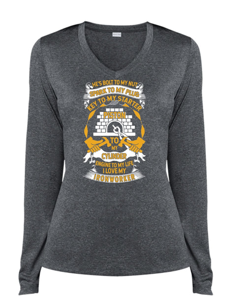 I Love My Ironworker T Shirt, Engine To My Life T Shirt, Cool Shirt (Ladies LS Heather V-Neck)