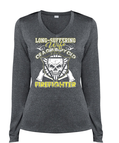 Long - Suffering Wife T Shirt, Grumpy Old Firefighter T Shirt, Cool Shirt (Ladies LS Heather V-Neck)