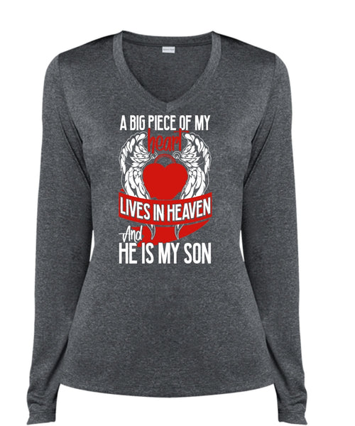 He Is My Son T Shirt, Lives In Heaven T Shirt, Cool Shirt (Ladies LS Heather V-Neck)