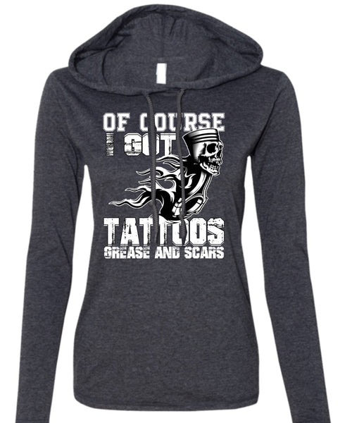 I Got Tattoos Grease T Shirt, I Love Mechanic T Shirt (Anvil Ladies Ringspun Hooded)