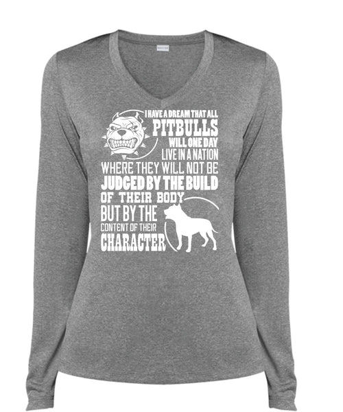 I Have A Dream That All Pit Bulls T Shirt, Judge By The Build T Shirt, Cool Shirt (Ladies LS Heather V-Neck)
