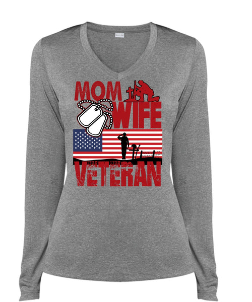 Mom Wife Veteran T Shirt, Being A Veteran T Shirt, Cool Shirt (Ladies LS Heather V-Neck)