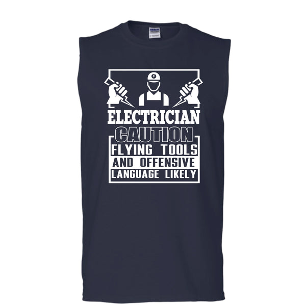 Electrician Caution T Shirt, Flying Tools And Offensive T Shirt, Cool T Shirt (Men's Cotton Sleeveless)