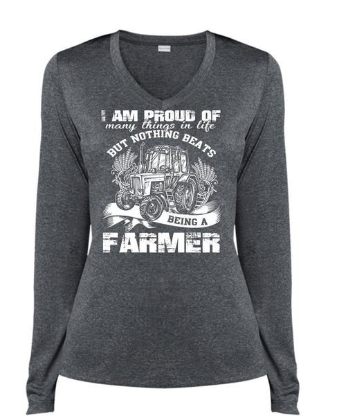 Being A Farmer T Shirt, I Am Proud Of Many Things In Life T Shirt, Cool Shirt (Ladies LS Heather V-Neck)