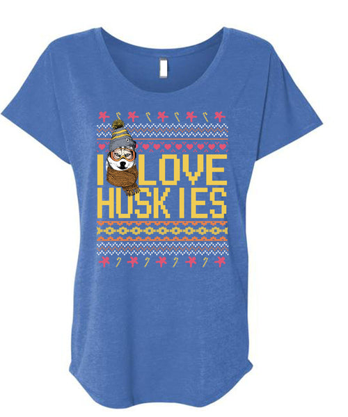 I Love Huskies T Shirt, This Girl Loves Christmas T Shirt, Cool Shirt (Ladies' Triblend Dolman Sleeve)