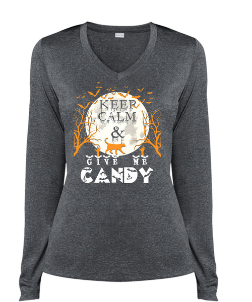 Keep Calm And Give Me Candy T Shirt, I Love Christmas T Shirt, Cool Shirt (Ladies LS Heather V-Neck)