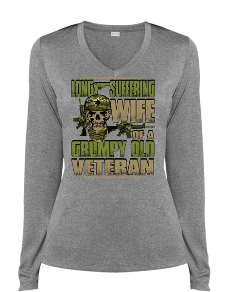 Long Suffering Wife T Shirt, Grumpy Old Veteran T Shirt, Cool Shirt (Ladies LS Heather V-Neck)