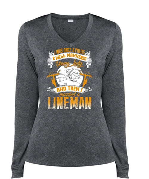 I Married A Lineman T Shirt, Well Mannered Young Lady T Shirt, Cool Shirt (Ladies LS Heather V-Neck)