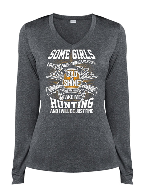Take Me Hunting T Shirt, Gold And Shine T Shirt, Cool Shirt (Ladies LS Heather V-Neck)