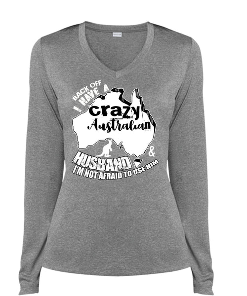 Crazy Australian Husband T Shirt, Being A Husband T Shirt, Cool Shirt (Ladies LS Heather V-Neck)