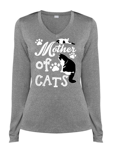 Mother Of Cats T Shirt, My Favorite T Shirt, Cool Shirt (Ladies LS Heather V-Neck)