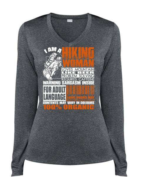 I Am A Hiking Woman T Shirt, Loves Mountain T Shirt, Cool Shirt (Ladies LS Heather V-Neck)