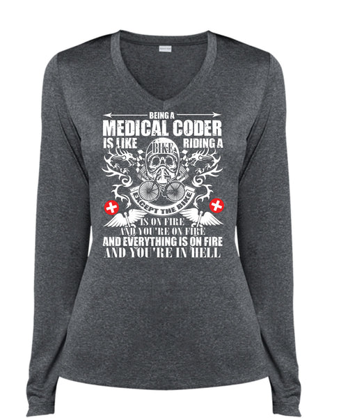 Being A Medical Coder T Shirt, You're In Hell T Shirt, Cool Shirt (Ladies LS Heather V-Neck)