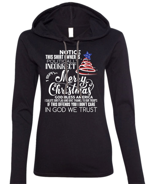Merry Christmas T Shirt, God Bless America T Shirt (Anvil Ladies Ringspun Hooded)