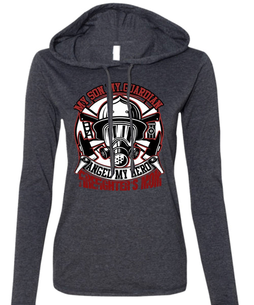 Firefighter's Mom T Shirt, My Son My Guardian Angel T Shirt (Anvil Ladies Ringspun Hooded)