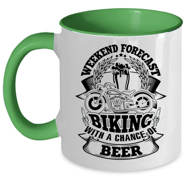 Funny Biking Coffee Mug, Weekend Forecast Biking With A Chance Of Beer Accent Mug