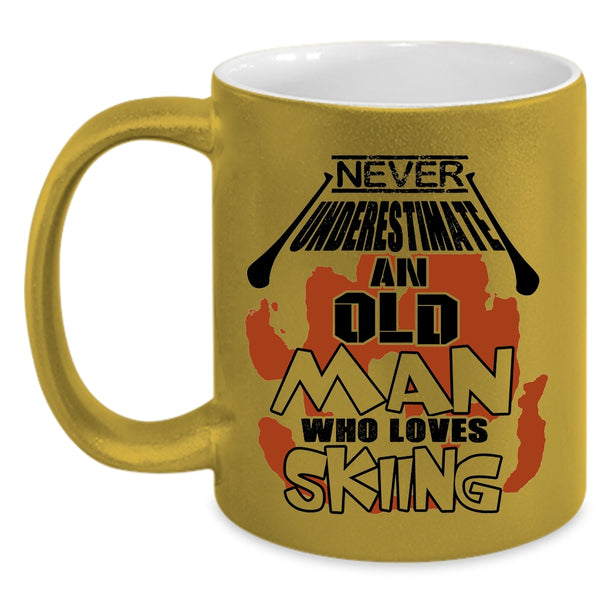 Cool Dad Coffee Mug, Never Underestimate An Old Man Loves Skiing Accent Mug